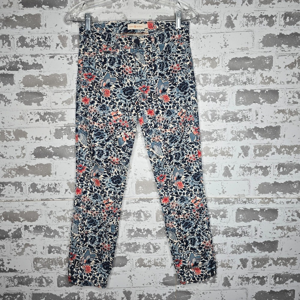 Tory Burch Emmy Ankle Skinny Pants Womens 24 Multicolor‎ Floral Butterfly Snaps